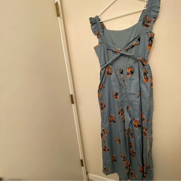 Anthropologie Bel Kazan Blue Floral Evie wide leg jumpsuit l organic cotton L - Picture 7 of 16